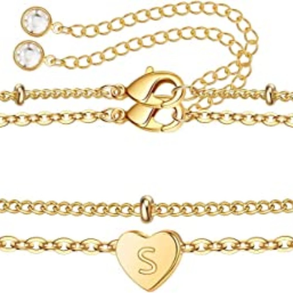 Dainty 14K Gold Filled Initial Heart Bracelet "S" for Women